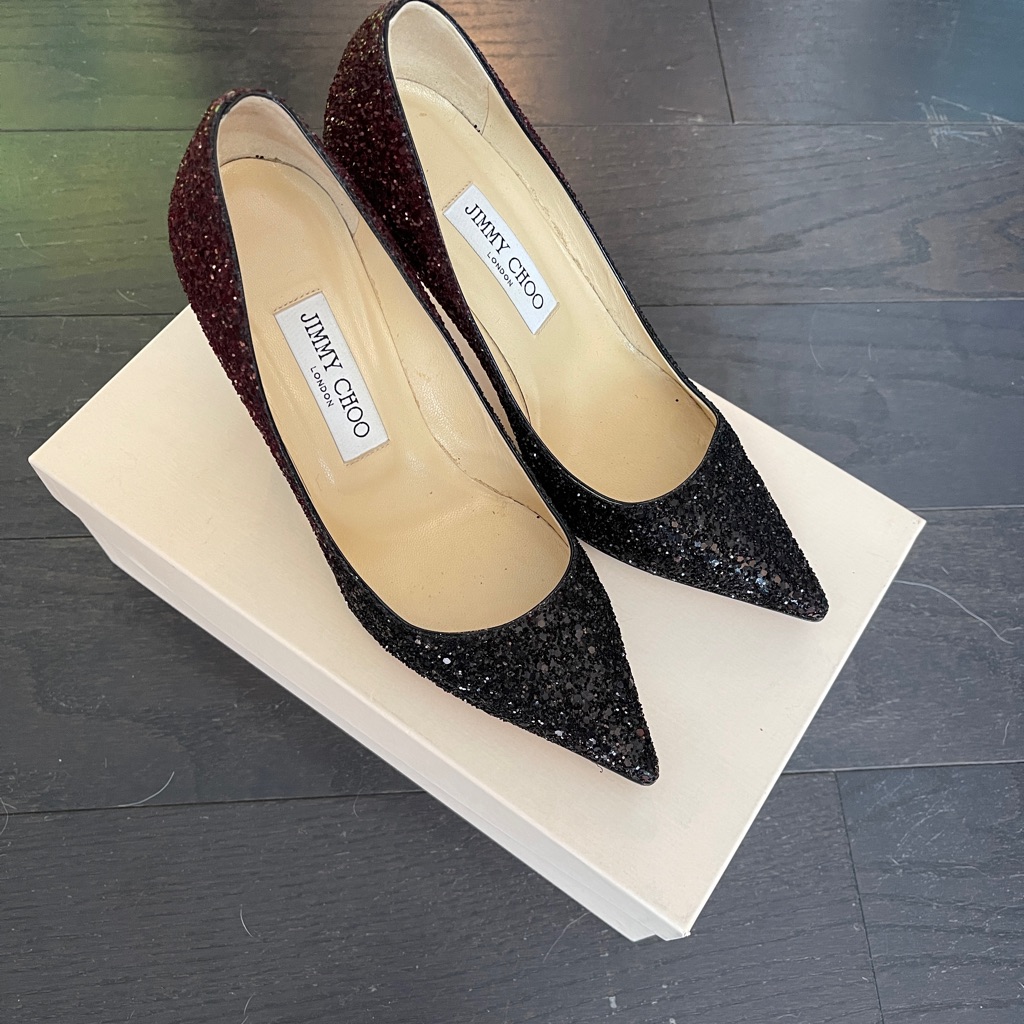 Authentic Jimmy Choo 6.5cm Romy Heels 36.5 Womens Red & Black Glitter Abel Heels